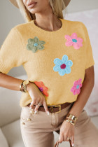 Yellow Cream Cute Flower Applique Short Sleeve Sweater
