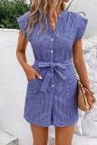 Striped V Neck Buttoned Romper With Sash