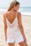 White Flower Embroidered Lace Crochet V Neck Tank Top