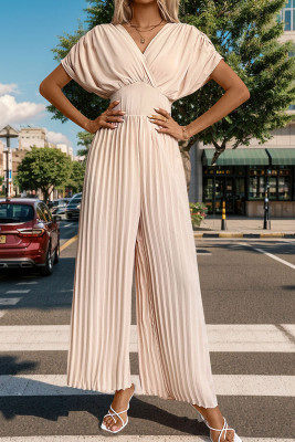 Apricot V Neck Smocked Wide Leg Jumpsuit 