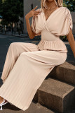 Apricot V Neck Smocked Wide Leg Jumpsuit 