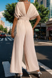 Apricot V Neck Smocked Wide Leg Jumpsuit 