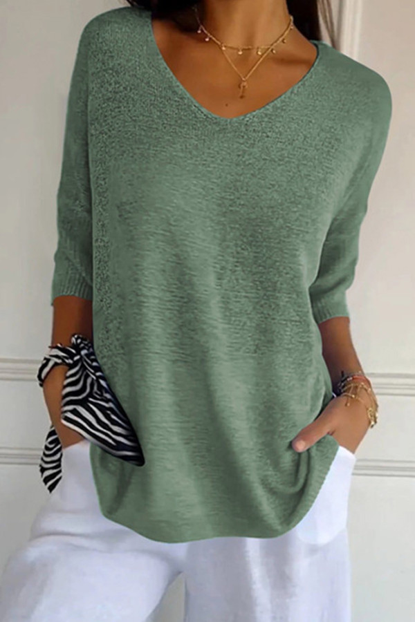 Plain V Neck Knit Short Sleeves Top