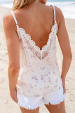 White Flower Embroidered Lace Crochet V Neck Tank Top