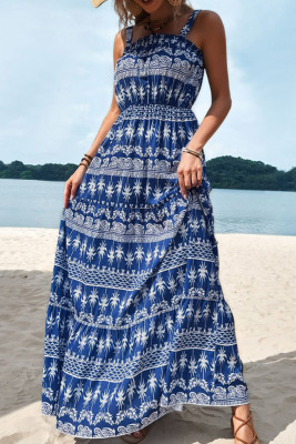 Blue Printed Square Neck Drawstring Slip Maxi Dress