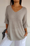 Plain V Neck Knit Short Sleeves Top