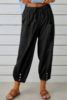 Plain Elastic Waist Buttoned Hem Pockets Joggers