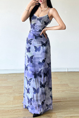 Butterfly Print Mesh V Neck Slip Maxi Dress