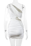 White One Shoulder Hollow Out Ruched Bodycon Dress