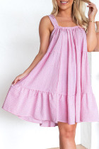 Pink Stripe Pinstriped Ruffled Hem Sleeveless Mini Flared Dress