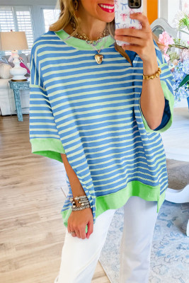 Sky Blue Stripe Oversized Contrast Trim Exposed Seam High Low T Shirt