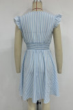 Blue Stripes Ruffle V Neck Dress