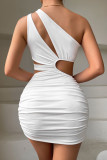 White One Shoulder Hollow Out Ruched Bodycon Dress
