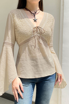 Apricot V Neck Crochet Lace Splicing Flare Sleeves Blouse