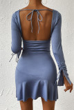 Blue V Neck Ruched Bell Sleeves Dress