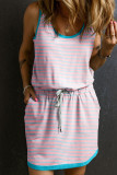 Pink Stripe Contrast Trim Pocketed Casual Tank Dress