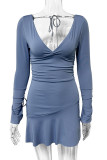 Blue V Neck Ruched Bell Sleeves Dress