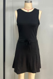 Black Crew Neck Backless Drawstring Waist Sports Dress