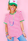 Rose Stripe Contrast Trim Crew Neck Loose Short Sleeve Top