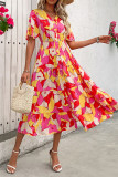 Multicolor V Neck Buttoned Ruffles Maxi Dress