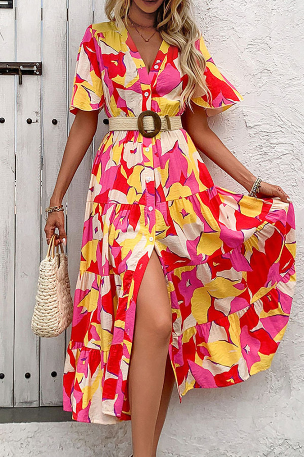 Multicolor V Neck Buttoned Ruffles Maxi Dress