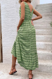 Geometric Print V Neck Drawstring Waist Sleeveless Maxi Dress