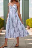 Blue Printed V Neck Halter Blackless Maxi Dress 