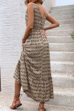 Geometric Print V Neck Drawstring Waist Sleeveless Maxi Dress