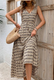 Geometric Print V Neck Drawstring Waist Sleeveless Maxi Dress