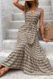 Geometric Print V Neck Drawstring Waist Sleeveless Maxi Dress