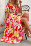 Multicolor V Neck Buttoned Ruffles Maxi Dress
