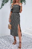 Black Stripe Off Shoulder Drawstring Waist Dress