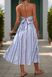 Blue Printed V Neck Halter Blackless Maxi Dress 