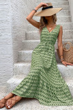 Geometric Print V Neck Drawstring Waist Sleeveless Maxi Dress