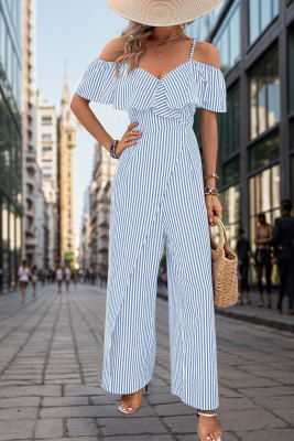 Stripe Print Off Shoulder Wide Leg Jumpsuit