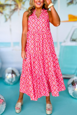 Pink Floral Print Frilly Neck Sleeveless Tiered Maxi Dress