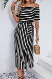 Black Stripe Off Shoulder Drawstring Waist Dress