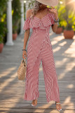 Stripe Print Off Shoulder Wide Leg Jumpsuit