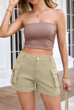 Plain High Waist Pockets Cargo Shorts 