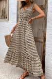 Geometric Print V Neck Drawstring Waist Sleeveless Maxi Dress