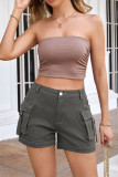 Plain High Waist Pockets Cargo Shorts 