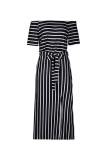 Black Stripe Off Shoulder Drawstring Waist Dress