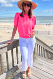 Strawberry Pink Solid Color Textured Puff Sleeve T Shirt