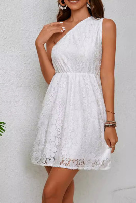 Plain Full Lace One Shoulder Sleeveless Dress