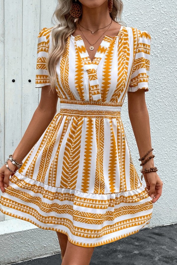 Yellow V Neck Bohemia MIni Dress 