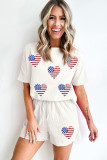 White Sequin American Flag Heart Shape Waffle Knit Shorts Set
