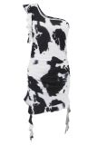 One SHoulder Tie Dye Printed Ruffle Dress 