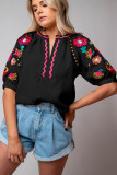 Black Floral Embroidered Ricrac Puff Sleeve Textured Blouse