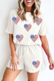 White Sequin American Flag Heart Shape Waffle Knit Shorts Set