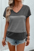 Stripes Splicing V Neck Short Sleeves Top 